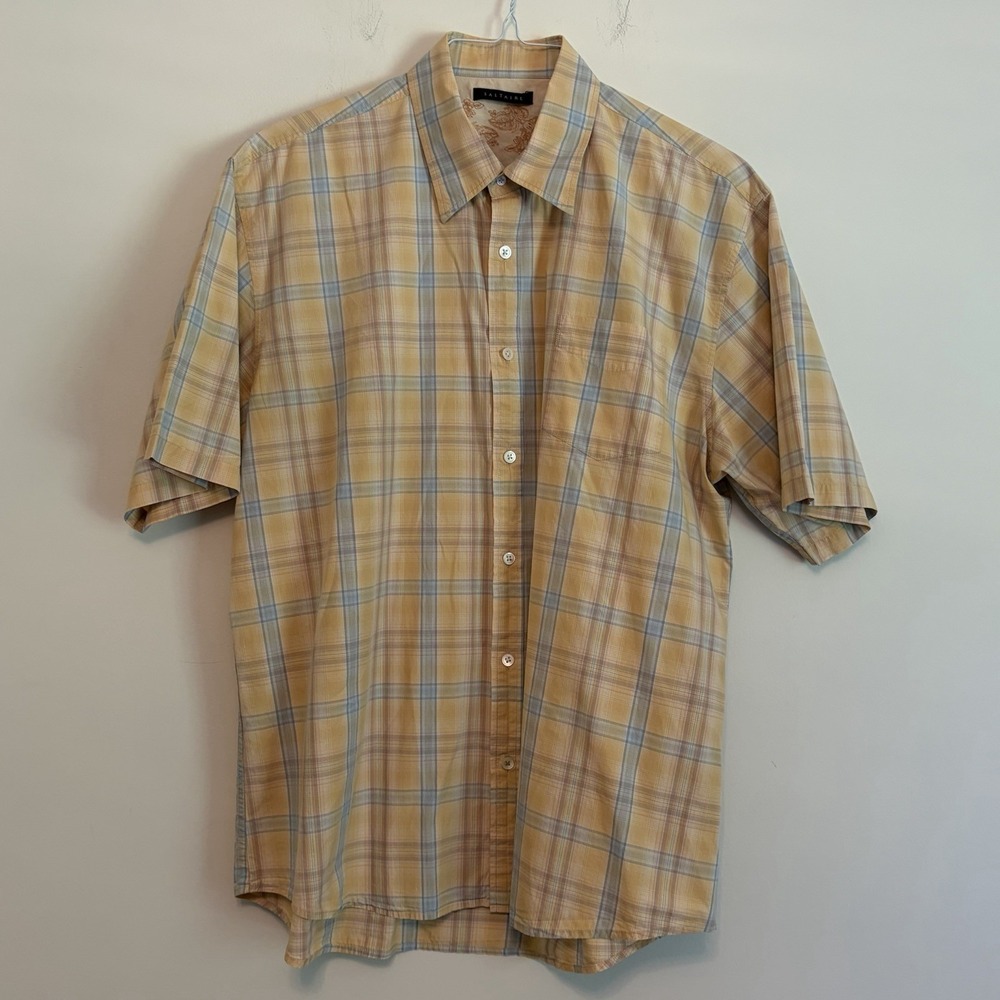 Saltaire Medium Plaid Button Front Shirt Yellow Blue Short Sleeve Cotton Relaxed